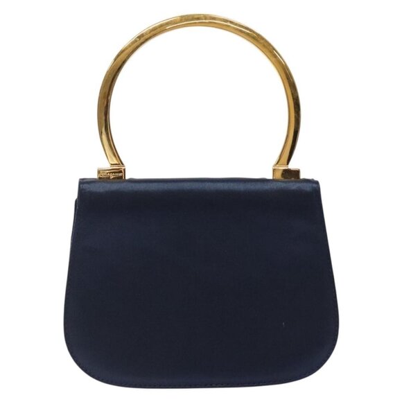 Salvatore Ferragamo Gancini Hand Bag Satin Navy Gold Auth 134768 - Picture 3 of 16
